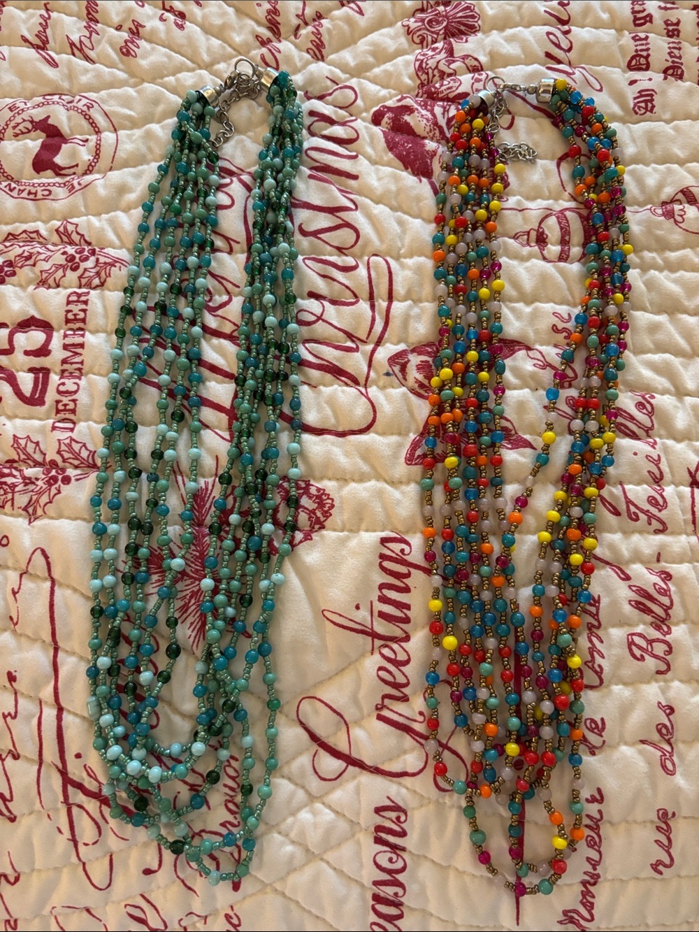 Pair of Multi-Strand Beaded Fashion Necklaces- Blue and Rainbow Multi-Colored